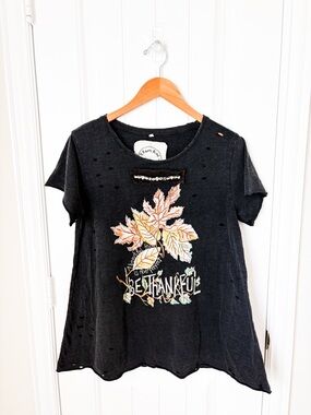 A Rare Bird 'Be Thankful' Distressed Tee Embellished Oversized S/M